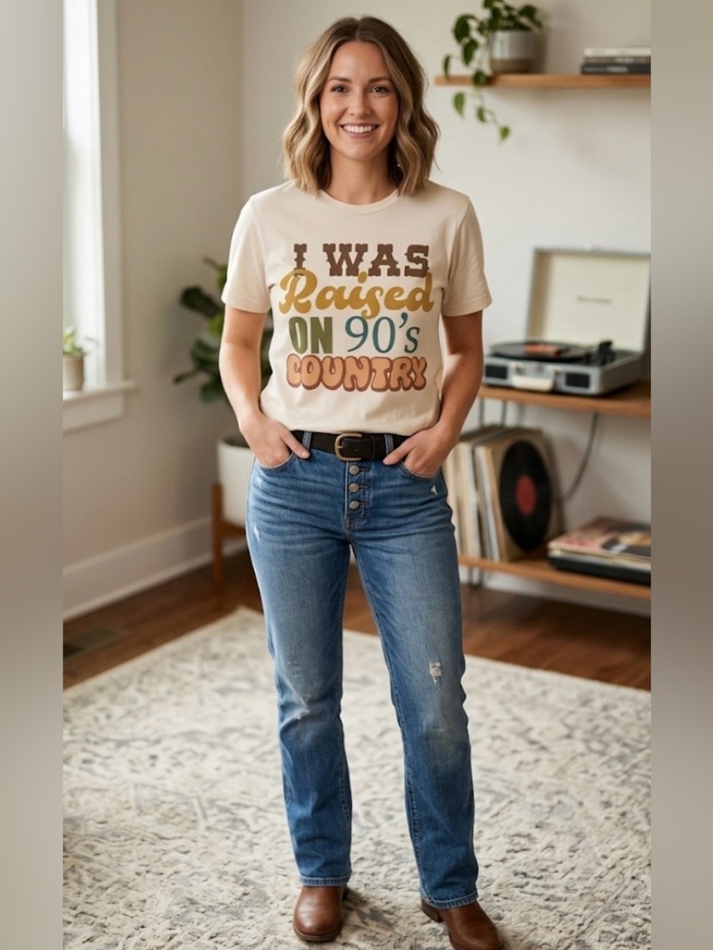 Vintage Gina retro-style "I Was Raised on 90's Country" graphic t-shirt cream M